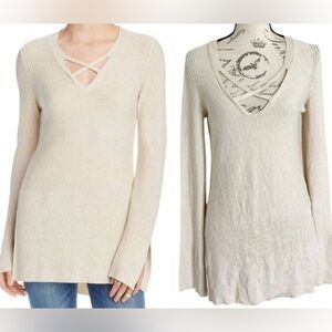 Free People cream color bell sleeve sweater with deep V-neck side slits linen b…